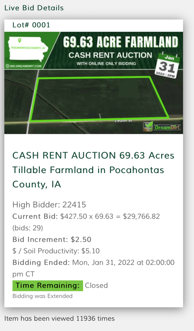 cash rent farmland auction pocahontas county iowa cash rent bidding final result screen