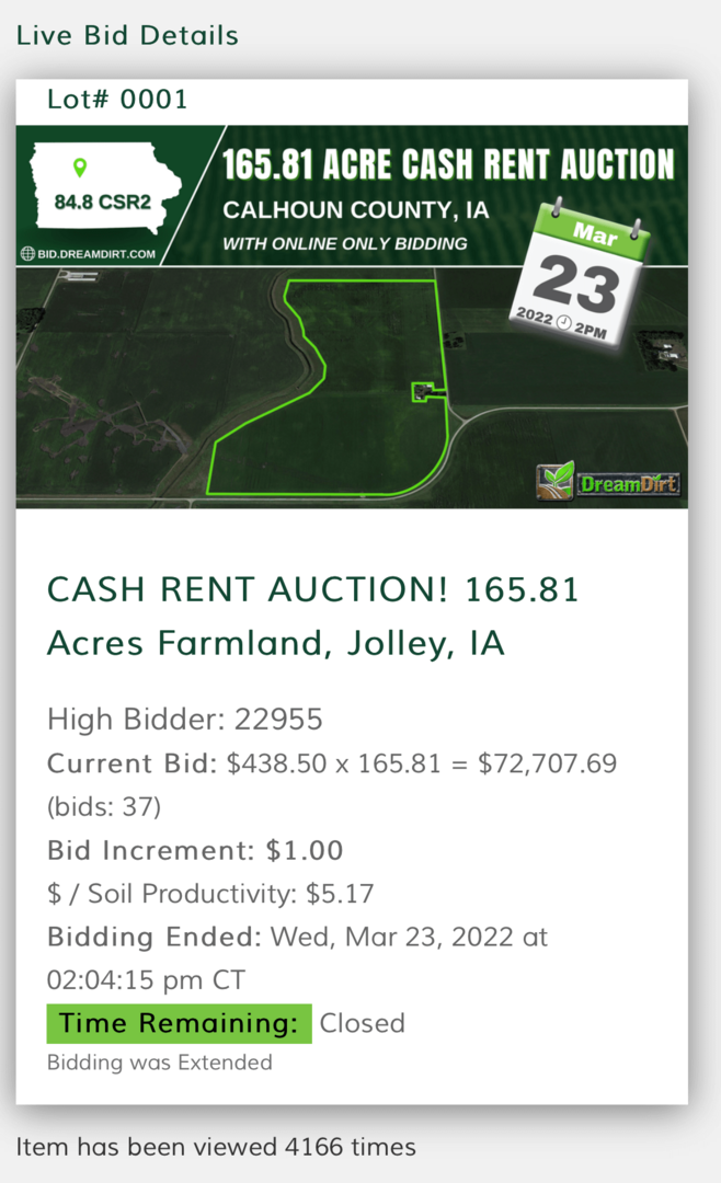 farmland rent auction calhoun county iowa cash rent bidding screen