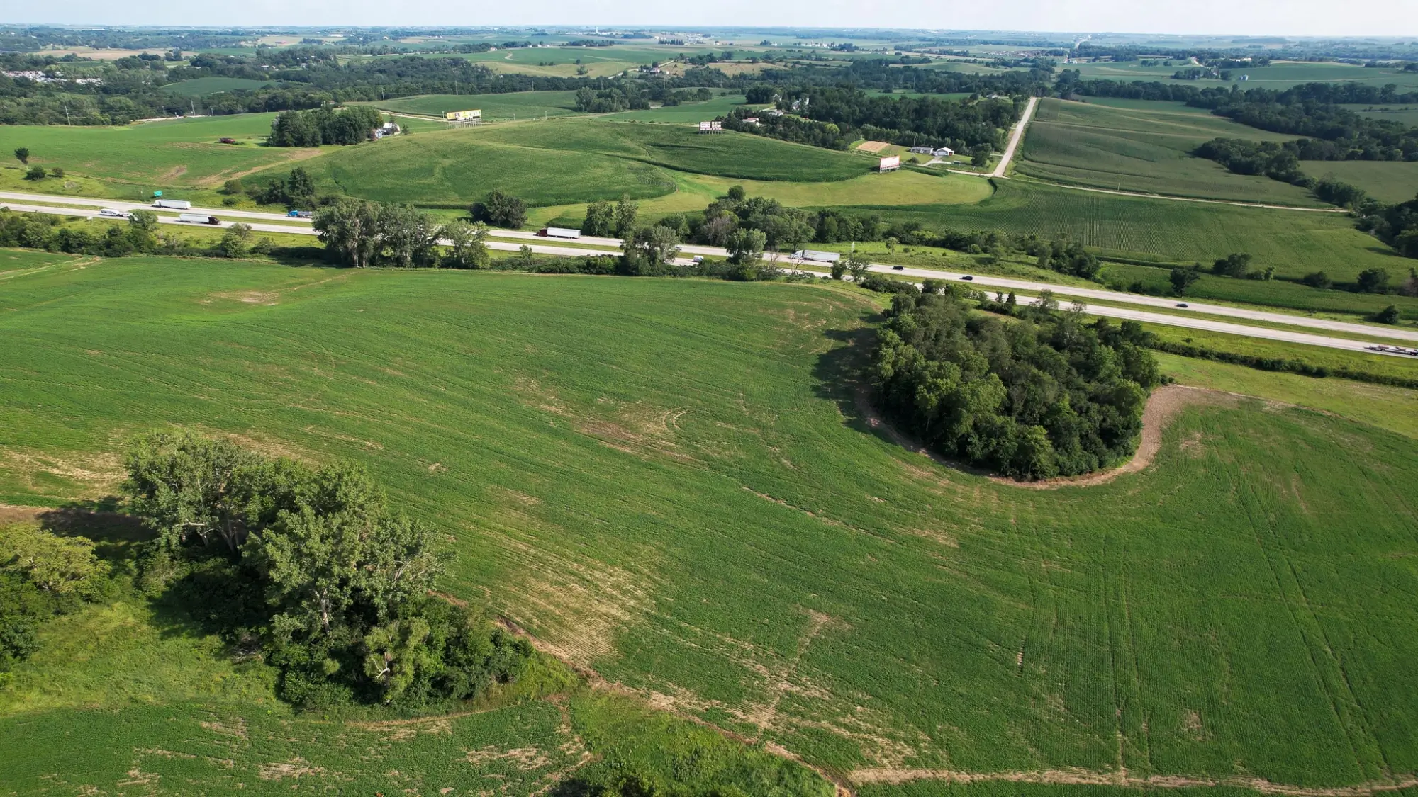 drone shot of iowa famrmland