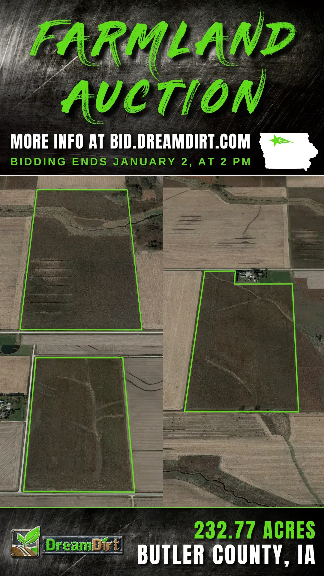 An ad graphic that says "Farmland Auction. More info at Bid.DreamDirt.com. Bidding ends January 2nd at 2 PM. 232.77 Acres. Butler County, Iowa.