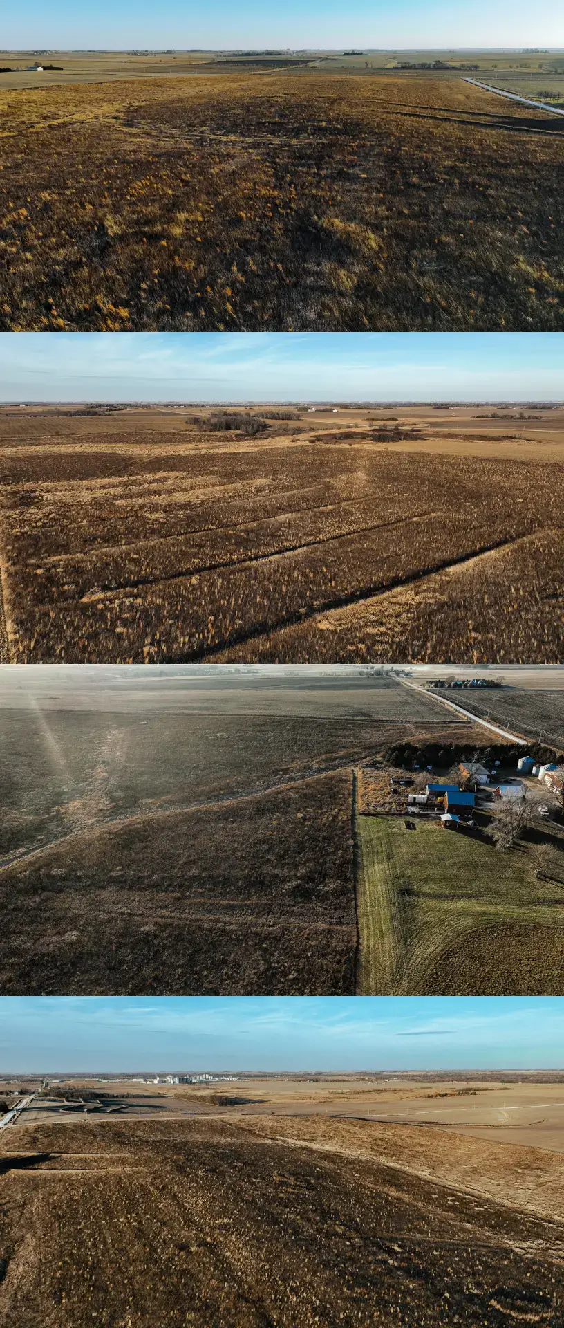 Four-picture collage of a bird's eye view of farmland in Butler County, Iowa. The sky is clear.
