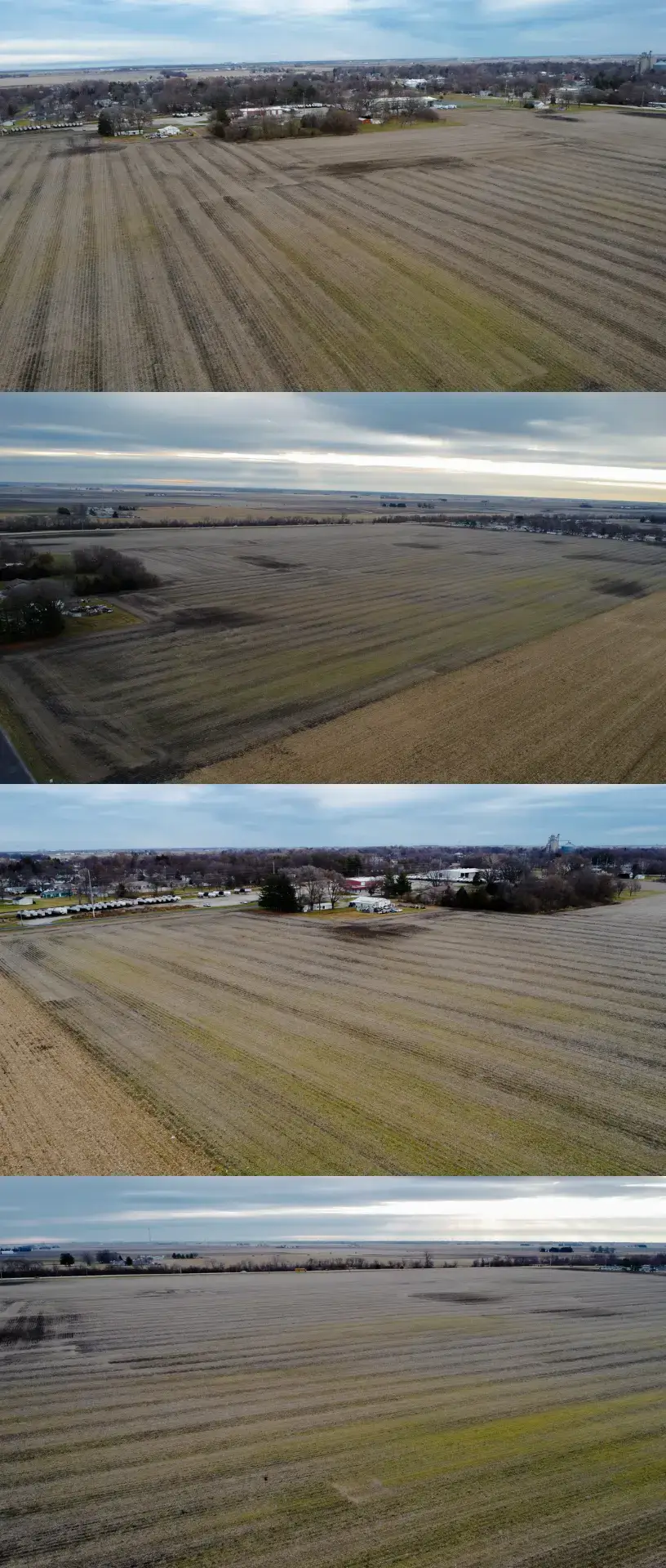 a collage of four photos of a bird's eye view of farmland in Champaign County, Illinois. The sky is cloudy and the sun is setting.