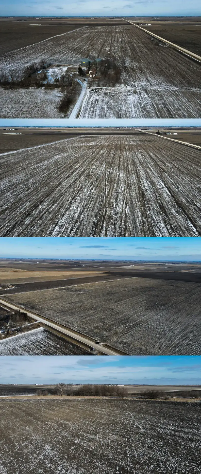 a collage of four photos of a bird's eye view of farmland in Pocahontas County, Iowa. The sky is bright blue with a few clouds.