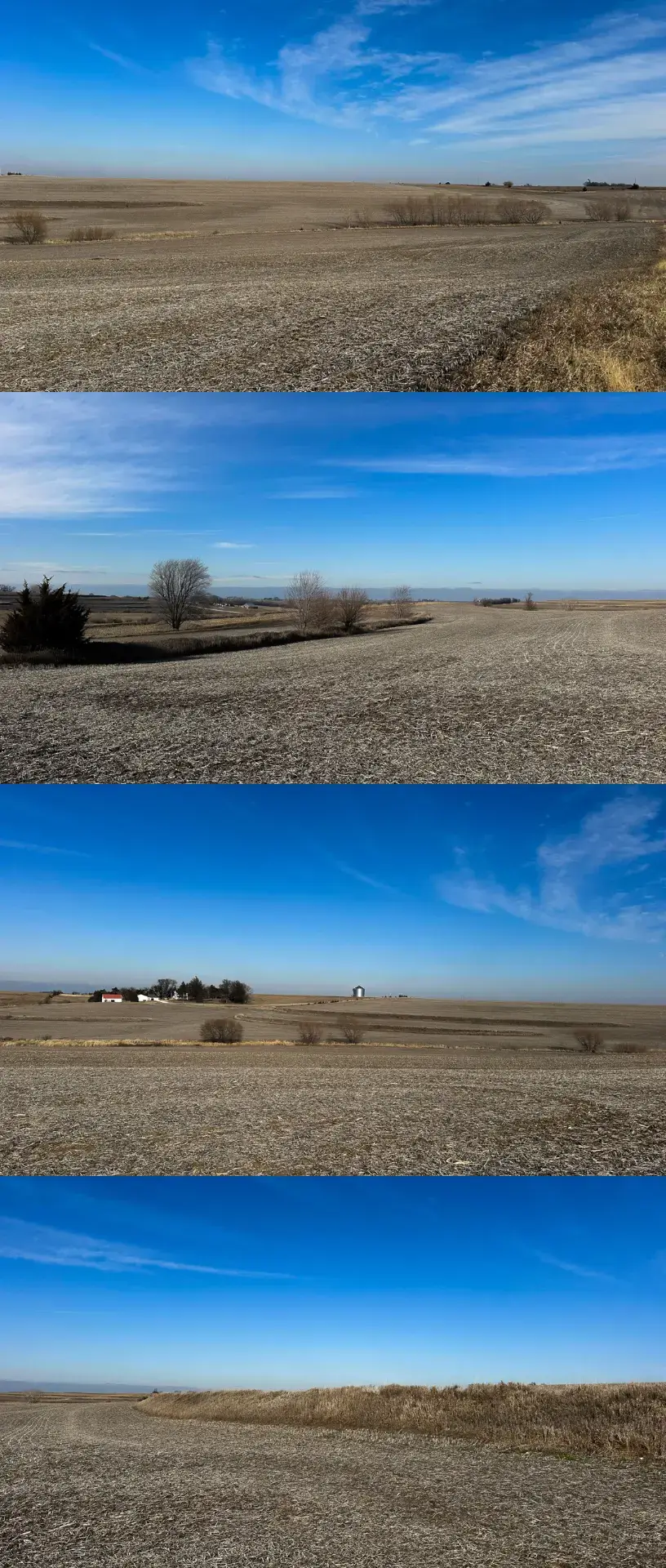 a collage of four photos of a bird's eye view of farmland in Fremont County, Iowa. The sky is bright blue with a few clouds.