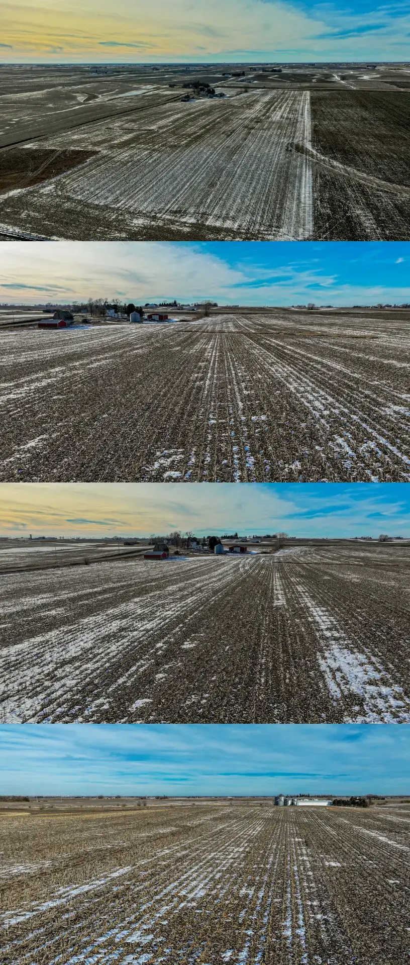 a collage of four photos of a bird's eye view of farmland in Boone County, Iowa. The sky is bright blue with a hint of orange with a few clouds.