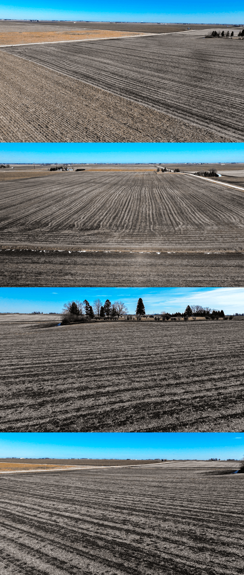 a photo collage of 4 photos of a bird's eye view of webster County, Iowa farmland. The sky is bright blue with a few clouds.