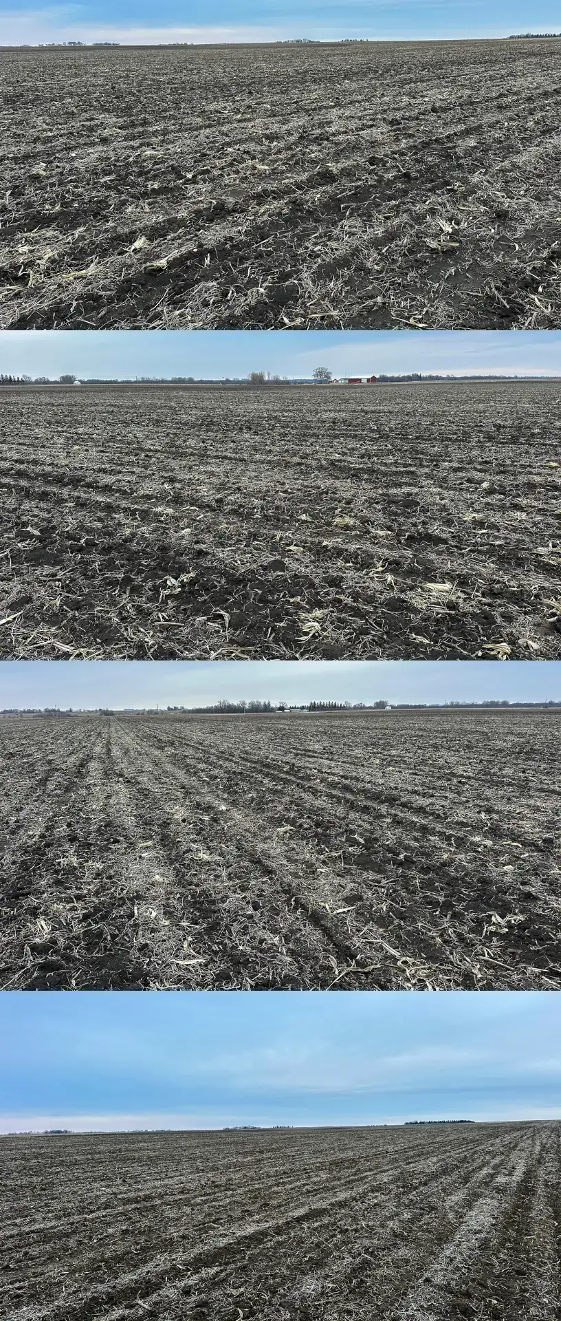 a collage of 4 photos of a bird's eye view of Cerro Gordo County, Iowa farmland. The sky is blue and cloudy.