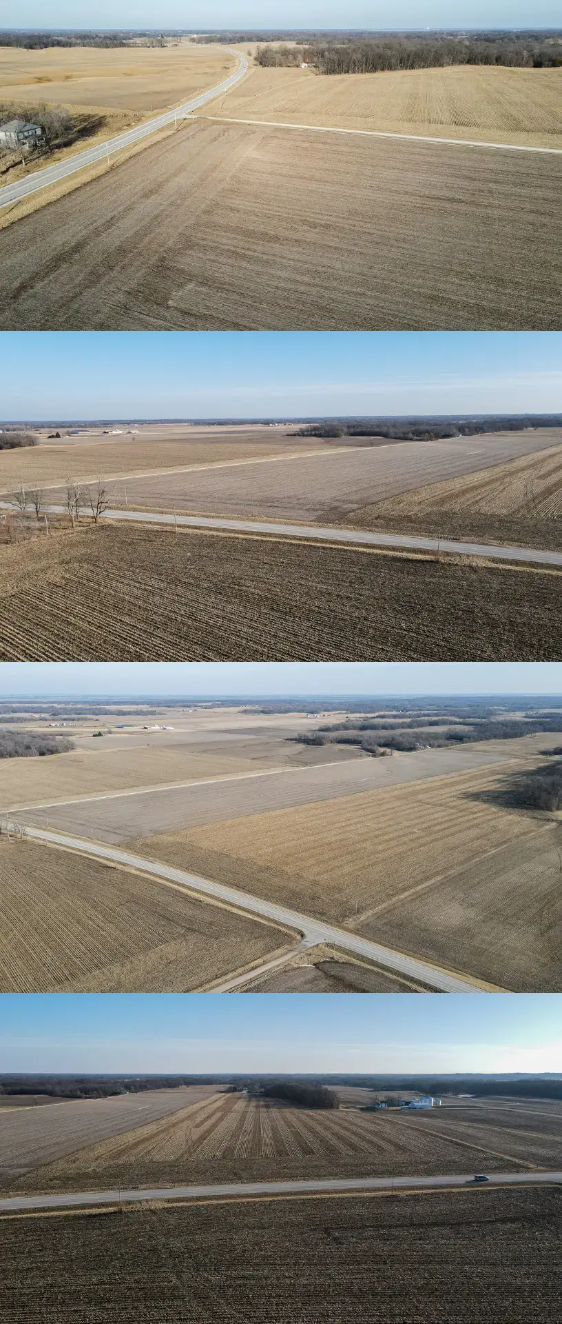 A bird's-eye view of 4 photos of Fulton County, Illinois farmland reveals a blue sky.